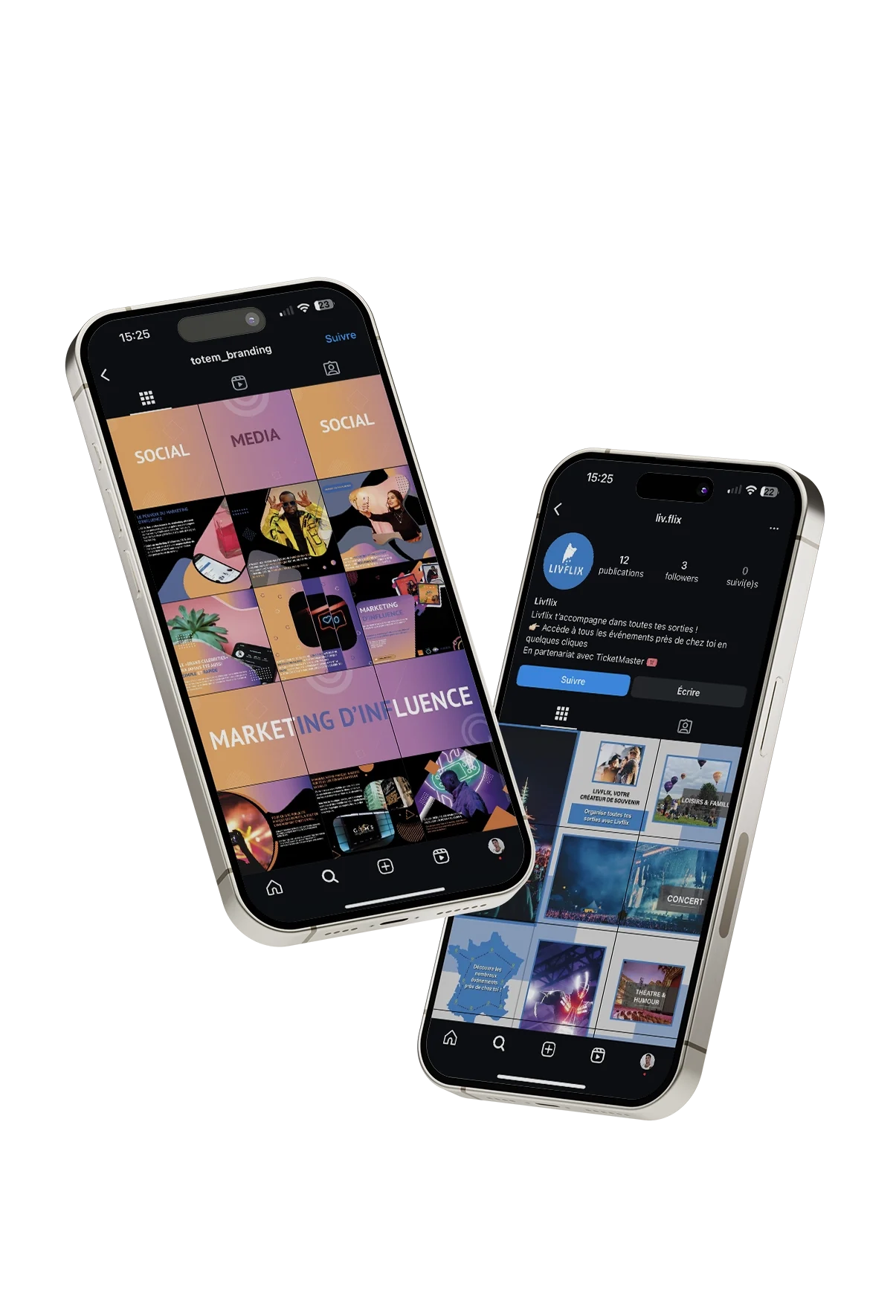 Mockup iPhone affichant un feed Instagram dans le cadre d’un projet de community management à Cannes par Anthony Carrel