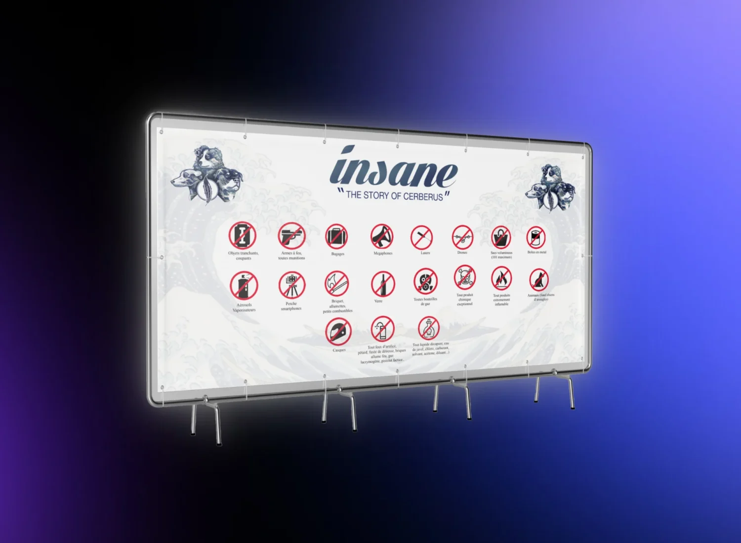 Création visuelle d’une bâche événementielle pour le festival Insane, réalisée par Anthony Carrel, graphiste en région PACA